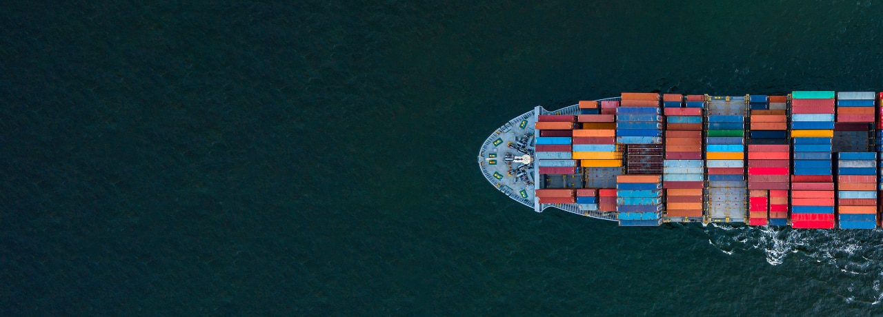 Container ship carrying container for import and export, business logistic and transportation by container ship in open sea, Aerial view container ship with copy space for design banner web