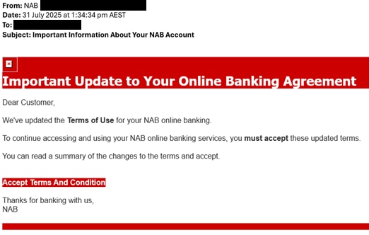 Image showing NAB branded phishing email