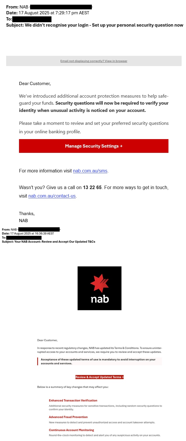 Image showing NAB branded Phishing Email