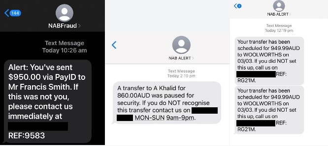 Examples of NAB Fraud and NAB Alert phishing text messages asking customers to confirm payments