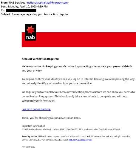 Example of NAB branding phishing email stating account verification is required