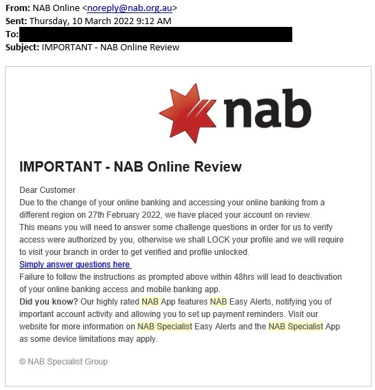 Phishing email targeting NAB customers claiming to be from NAB Online