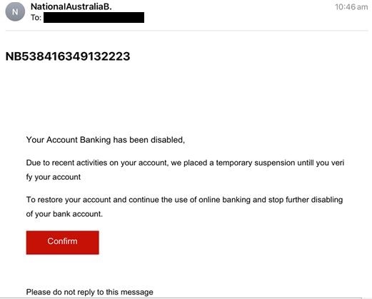 NAB branded phishing email example claiming the customer’s account has been disabled