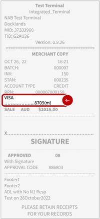 EFTPOS receipt example showing location of transaction entry indicator of manual entry.