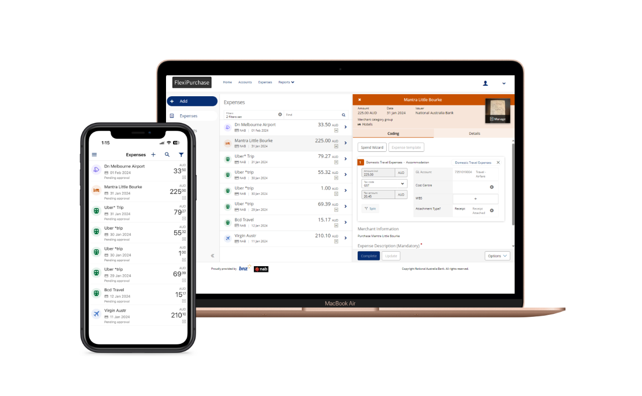 FlexiPurchase expense screen example on mobile and desktop