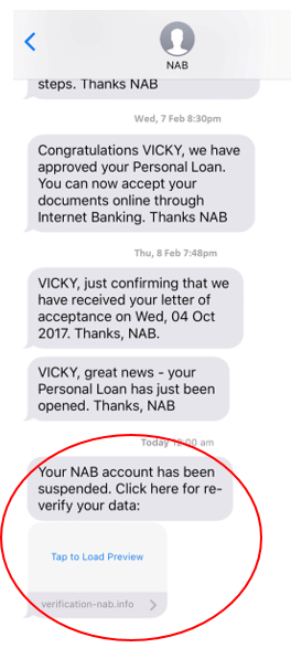 An SMS phishing message in the same thread as NAB messages, as criminals try to impersonate NAB.