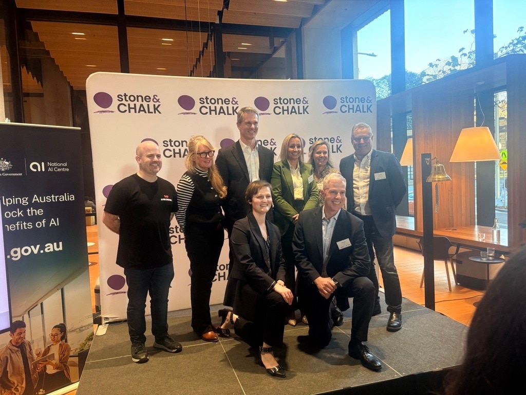 Assistant Minister for Science, Technology and the Digital Economy, Dr Andrew Charlton, (centre back) together with Stone & Chalk CEO Stela Solar, NAB’s Group Executive for Digital, Data & AI Pete Steel (front row), National AI Centre Executive Director Lee Hicken (Right) and other founding partners.